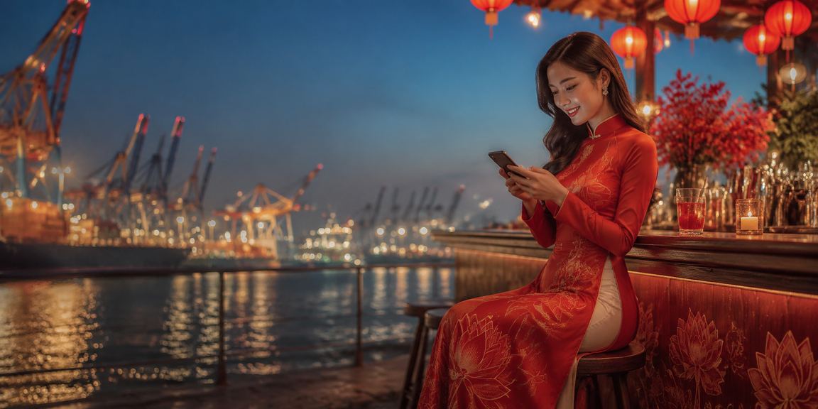 Người chơi dùng điện thoại chơi casino tại Hải Phòng với trang phục áo dài