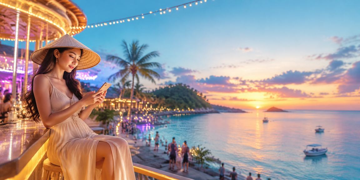 Người phụ nữ đội nón lá tại Phú Quốc chơi casino trực tuyến qua điện thoại di động